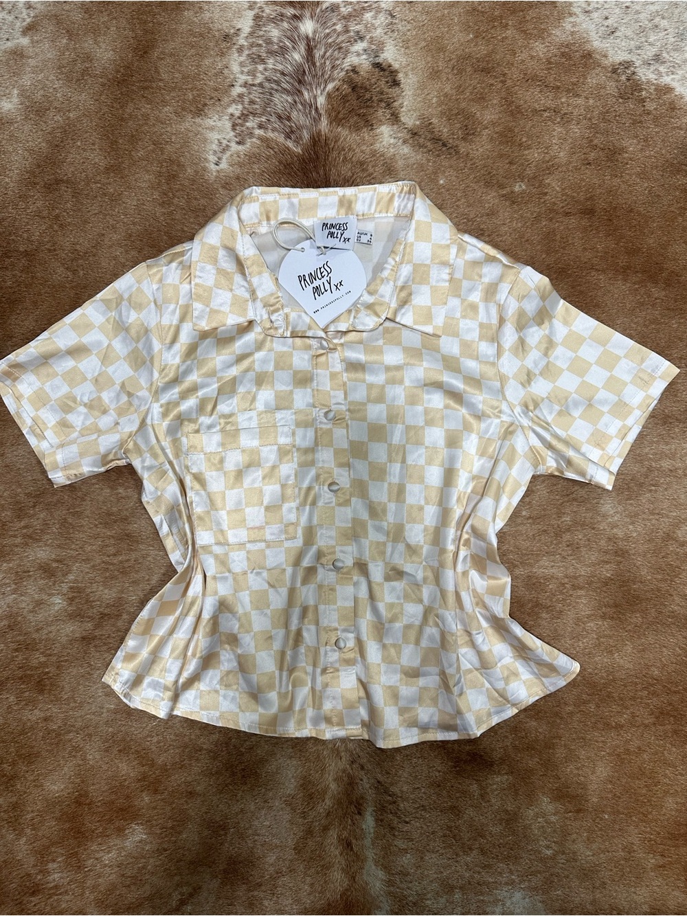 Princess Polly Beige & White Checkerboard Short Sleeve Button-Front Top